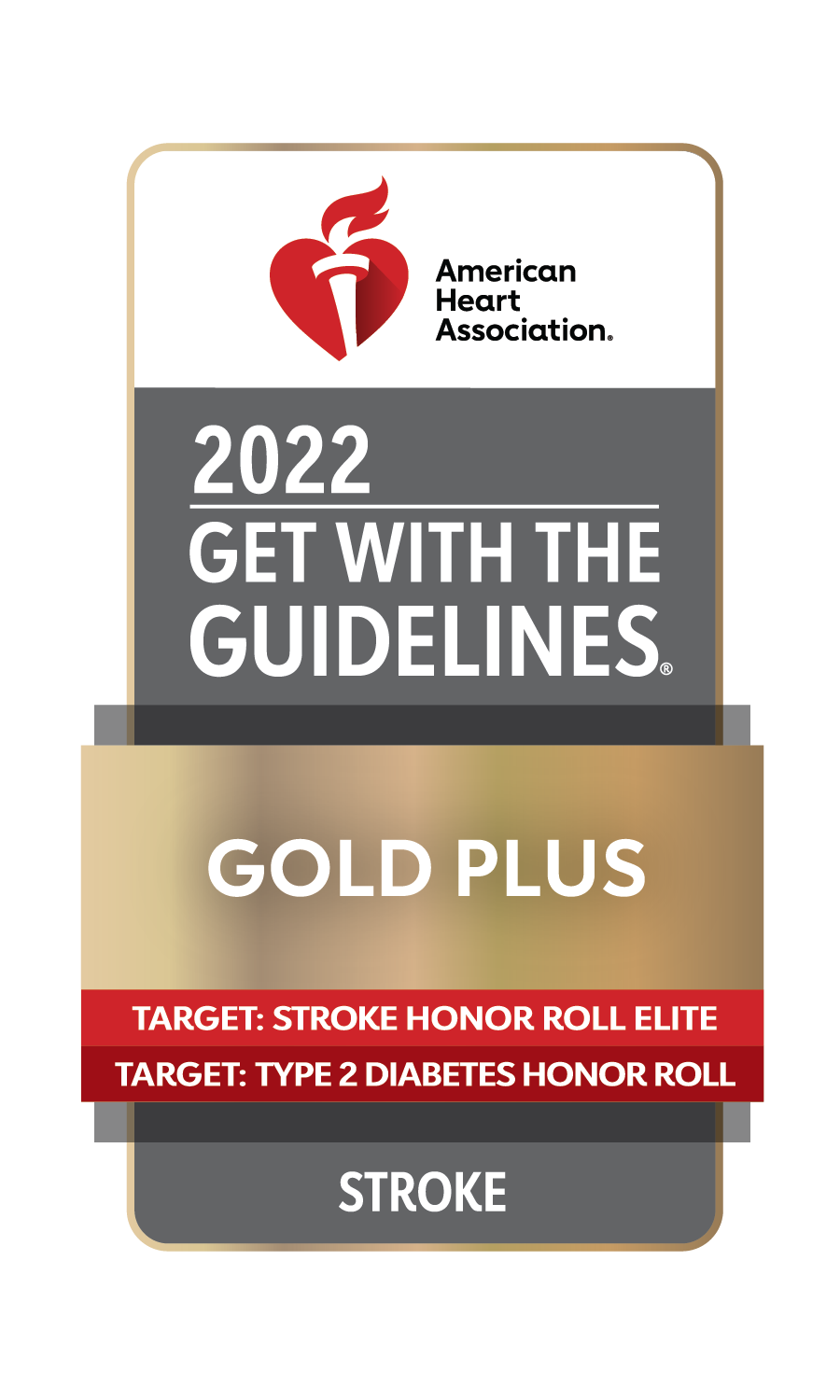 Badge from the American Heart Association declaring a Gold Plus award to the stroke program