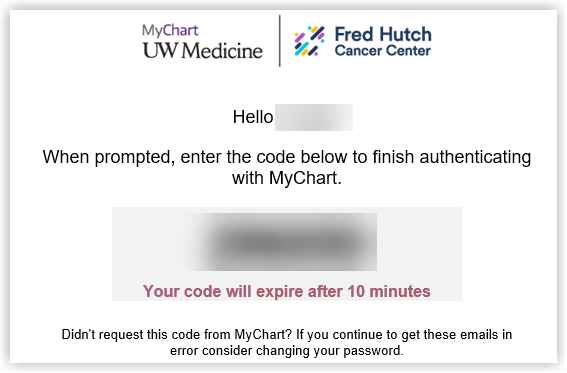 When prompted, enter the code below to finish authenticating with MyChart.