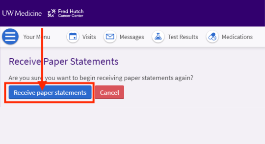 Arrow pointing to box surrounding “receive paper statements” button