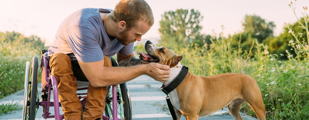 Image of man in wheelchair with petting a dog